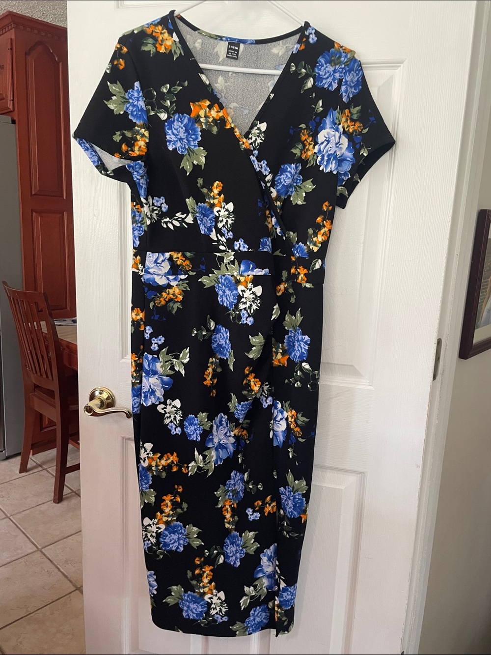 Floral Wrap Dress - Black with Blue & Orange Blooms size M
